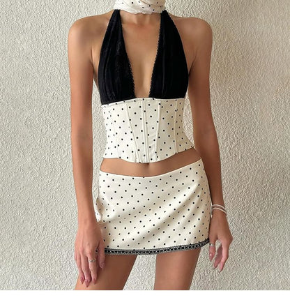 Dotted Sleeveless Cropped Corset Top with Mini Skirt
