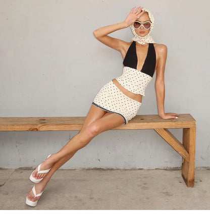 Dotted Sleeveless Cropped Corset Top with Mini Skirt
