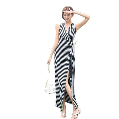 Striped V-Neck Sleeveless Bodycon Maxi Dress - Altfashion Shop