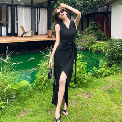 Striped V-Neck Sleeveless Bodycon Maxi Dress - Altfashion Shop