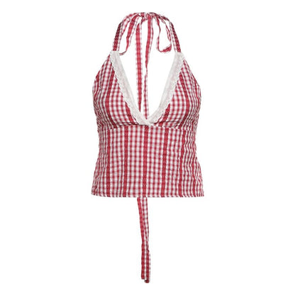 Plaid Lace-Trimmed Halter V-Neck Cami & Bubble-Hem Mini Shorts