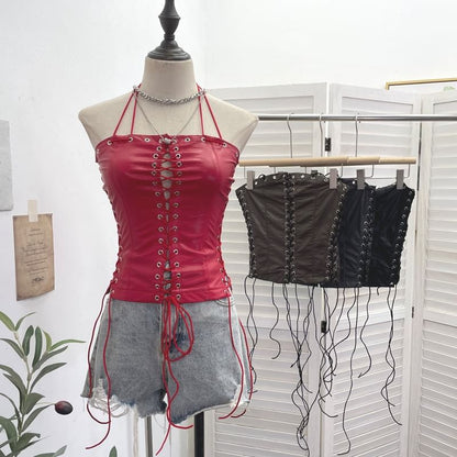 Halter Grommet Lace Faux Leather Top