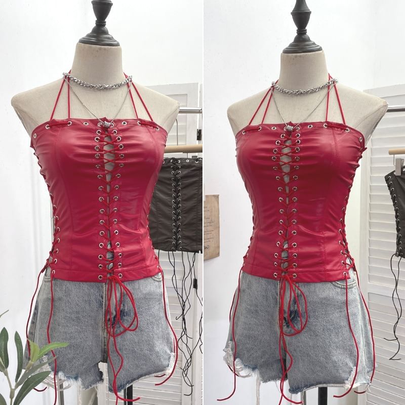 Halter Grommet Lace Faux Leather Top