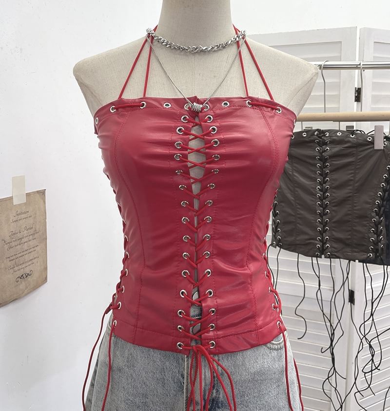 Halter Grommet Lace Faux Leather Top
