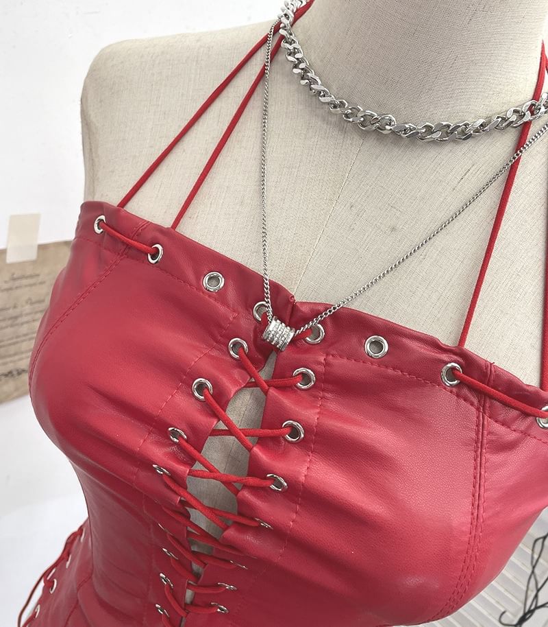 Halter Grommet Lace Faux Leather Top