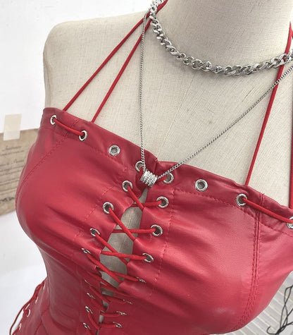 Halter Grommet Lace Faux Leather Top