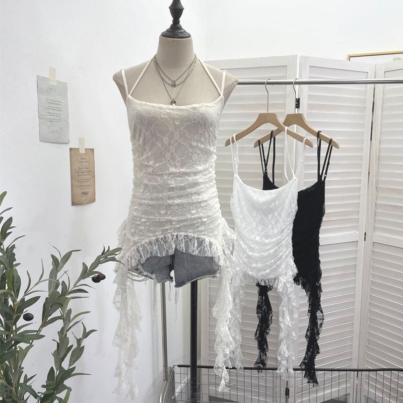 Ruched Ruffle Lace Cami