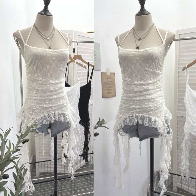 Ruched Ruffle Lace Cami