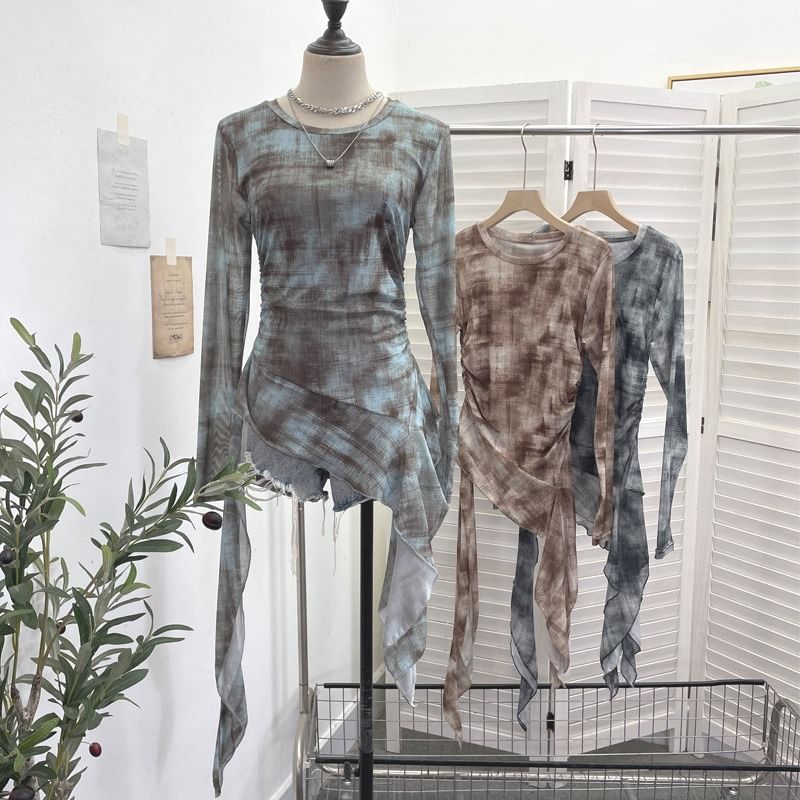 Tie-Dye Mesh Asymmetric Long-Sleeved Round-Neck Top