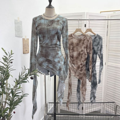 Tie-Dye Mesh Asymmetric Long-Sleeved Round-Neck Top