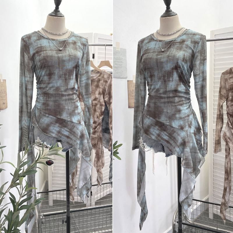 Tie-Dye Mesh Asymmetric Long-Sleeved Round-Neck Top