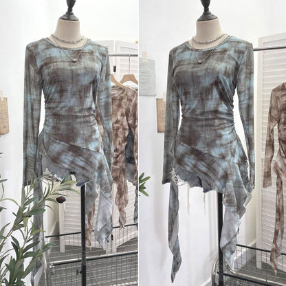 Tie-Dye Mesh Asymmetric Long-Sleeved Round-Neck Top
