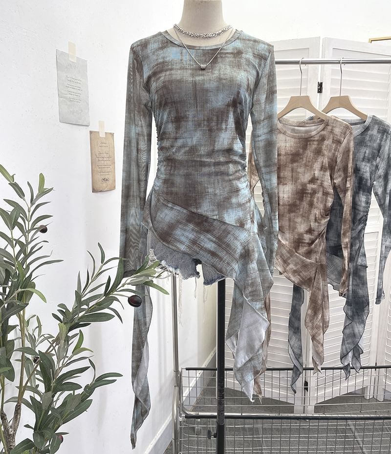 Tie-Dye Mesh Asymmetric Long-Sleeved Round-Neck Top