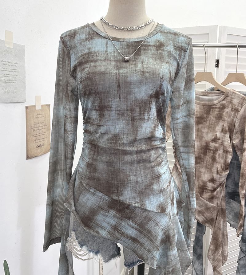 Tie-Dye Mesh Asymmetric Long-Sleeved Round-Neck Top