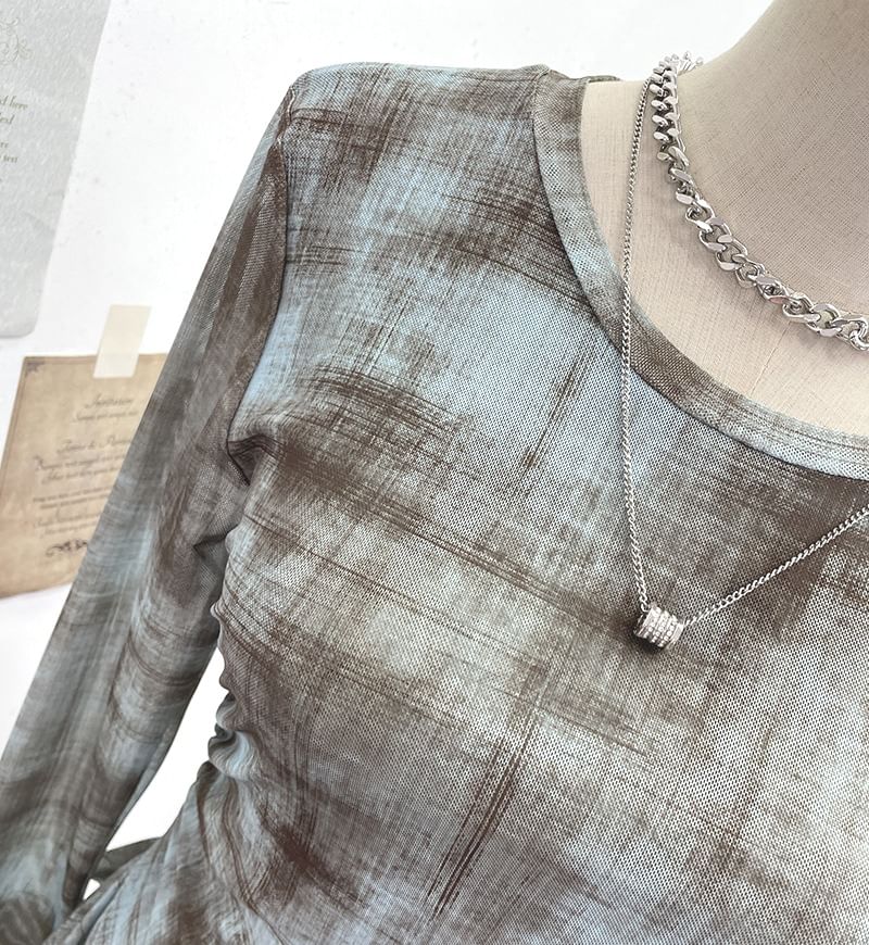Tie-Dye Mesh Asymmetric Long-Sleeved Round-Neck Top