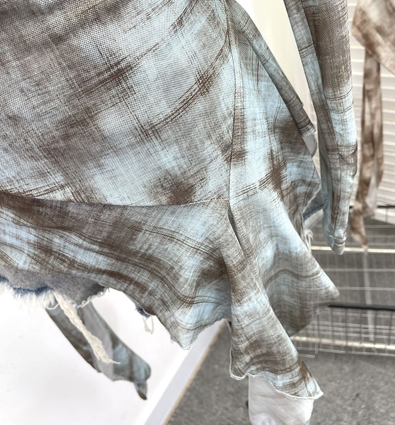 Tie-Dye Mesh Asymmetric Long-Sleeved Round-Neck Top
