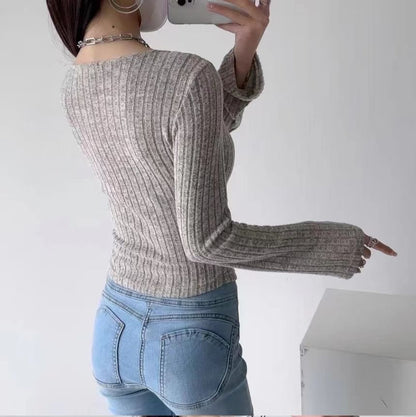 Ribbed Asymmetric Plain Button-Up Knit Long-Sleeved Top