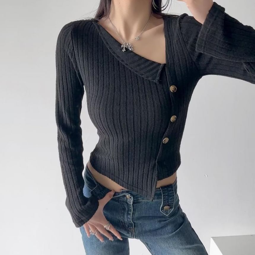 Ribbed Asymmetric Plain Button-Up Knit Long-Sleeved Top