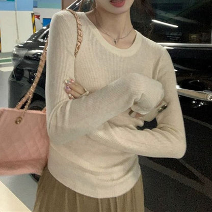 Plain Ribbed Knit Round-Neck Long-Sleeved Top