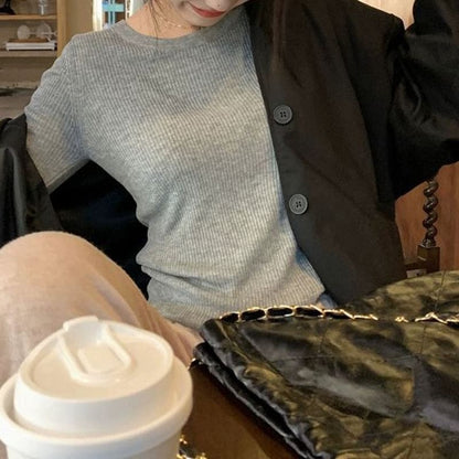 Plain Ribbed Knit Round-Neck Long-Sleeved Top