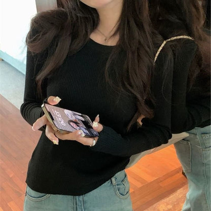 Plain Ribbed Knit Round-Neck Long-Sleeved Top