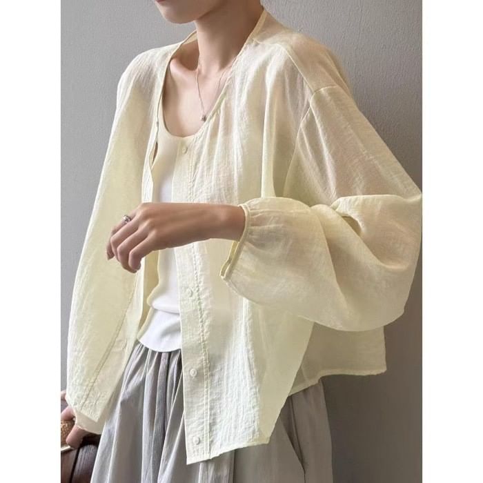Puff-Sleeved Plain Button-Up Blouse
