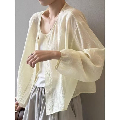 Puff-Sleeved Plain Button-Up Blouse