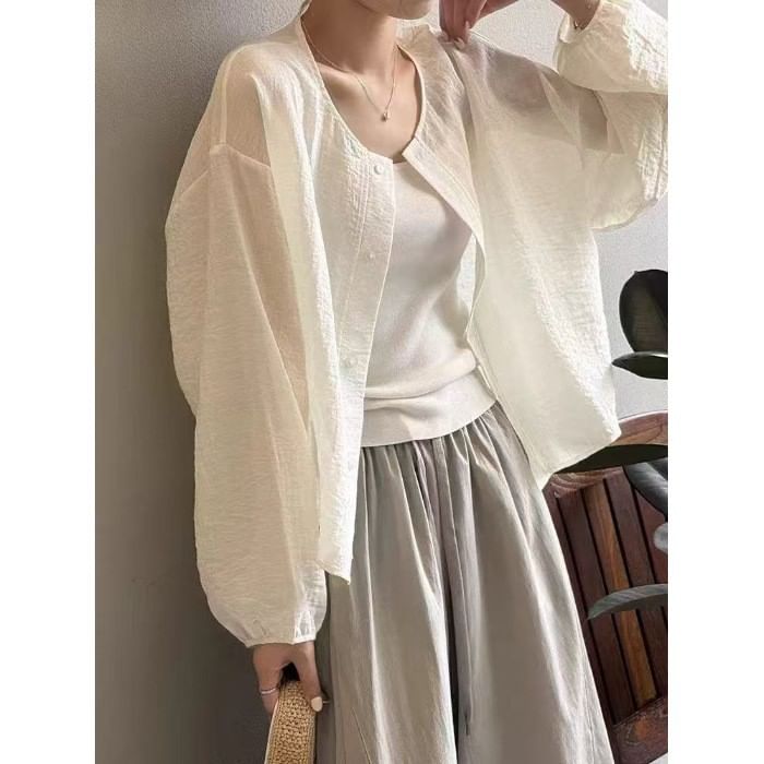 Puff-Sleeved Plain Button-Up Blouse