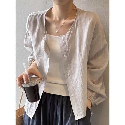 Puff-Sleeved Plain Button-Up Blouse