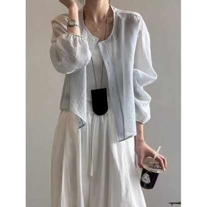 Puff-Sleeved Plain Button-Up Blouse