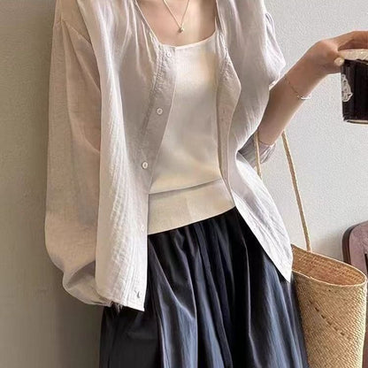 Puff-Sleeved Plain Button-Up Blouse