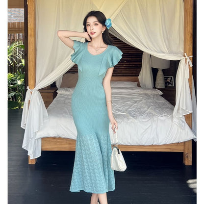 Scoop Neck Knit Lace Panel Bodycon Dress - Altfashion Shop
