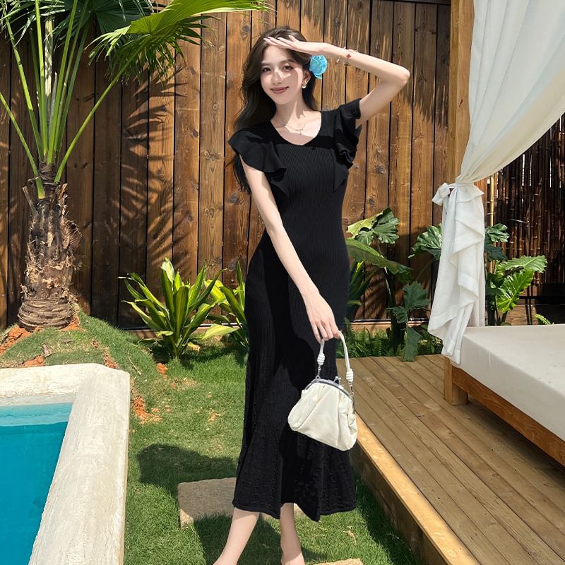 Scoop Neck Knit Lace Panel Bodycon Dress - Altfashion Shop