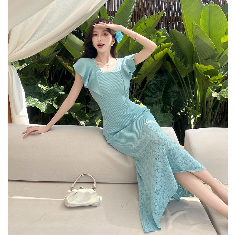 Scoop Neck Knit Lace Panel Bodycon Dress - Altfashion Shop