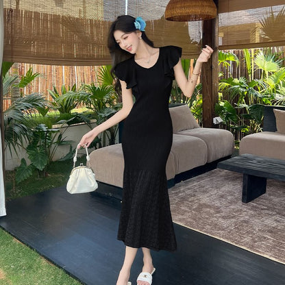 Scoop Neck Knit Lace Panel Bodycon Dress - Altfashion Shop