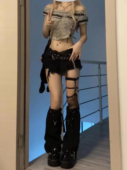 Low Rise Plain Fringed Distressed Denim Hot Pants