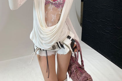 Ruched Lace Panel Long Sleeve Tee