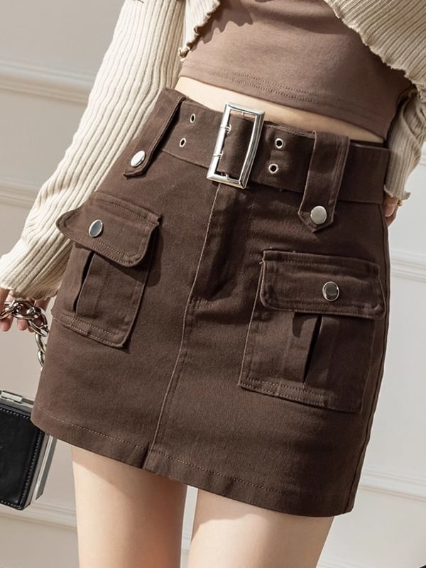 High Waist Plain Belted Mini Denim Cargo Skort