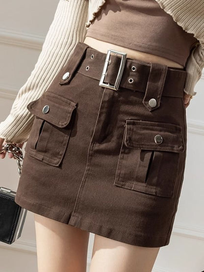 High Waist Plain Belted Mini Denim Cargo Skort