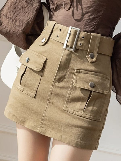 High Waist Plain Belted Mini Denim Cargo Skort