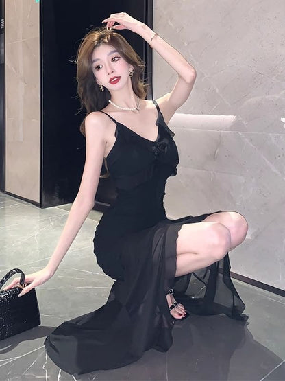 Sheer Ruffle V-Neck Spaghetti Strap Mermaid Maxi Dress - Altfashion Shop