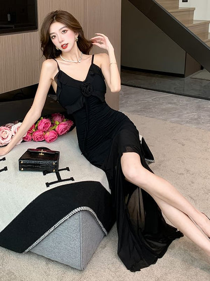 Sheer Ruffle V-Neck Spaghetti Strap Mermaid Maxi Dress - Altfashion Shop