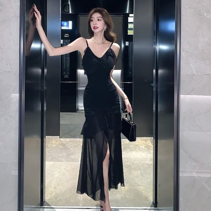 Sheer Ruffle V-Neck Spaghetti Strap Mermaid Maxi Dress - Altfashion Shop