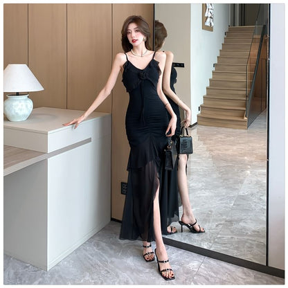 Sheer Ruffle V-Neck Spaghetti Strap Mermaid Maxi Dress - Altfashion Shop