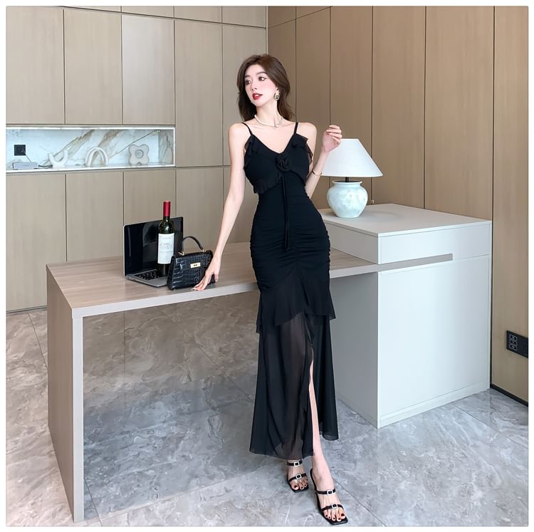 Sheer Ruffle V-Neck Spaghetti Strap Mermaid Maxi Dress - Altfashion Shop