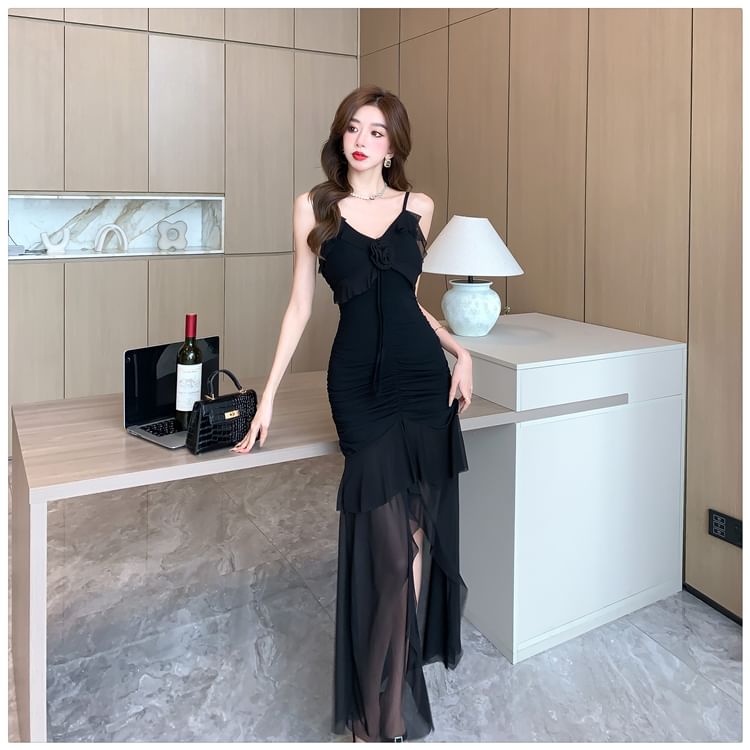 Sheer Ruffle V-Neck Spaghetti Strap Mermaid Maxi Dress - Altfashion Shop