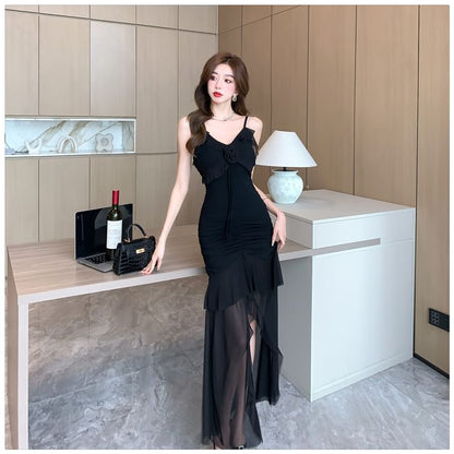 Sheer Ruffle V-Neck Spaghetti Strap Mermaid Maxi Dress - Altfashion Shop