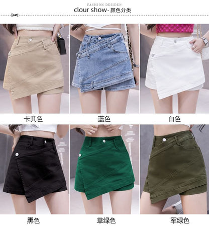High Waist Plain Asymmetrical Mini Denim Skort