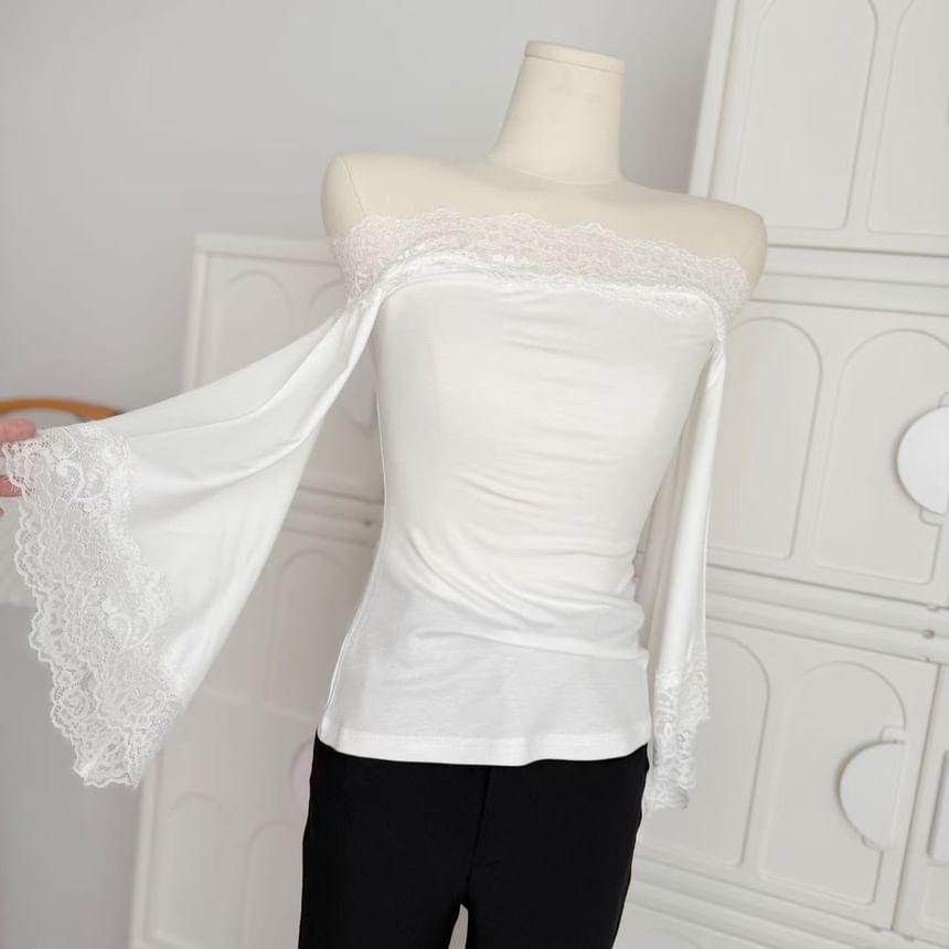 Bell Sleeve Off-Shoulder Lace Trim Slim Top