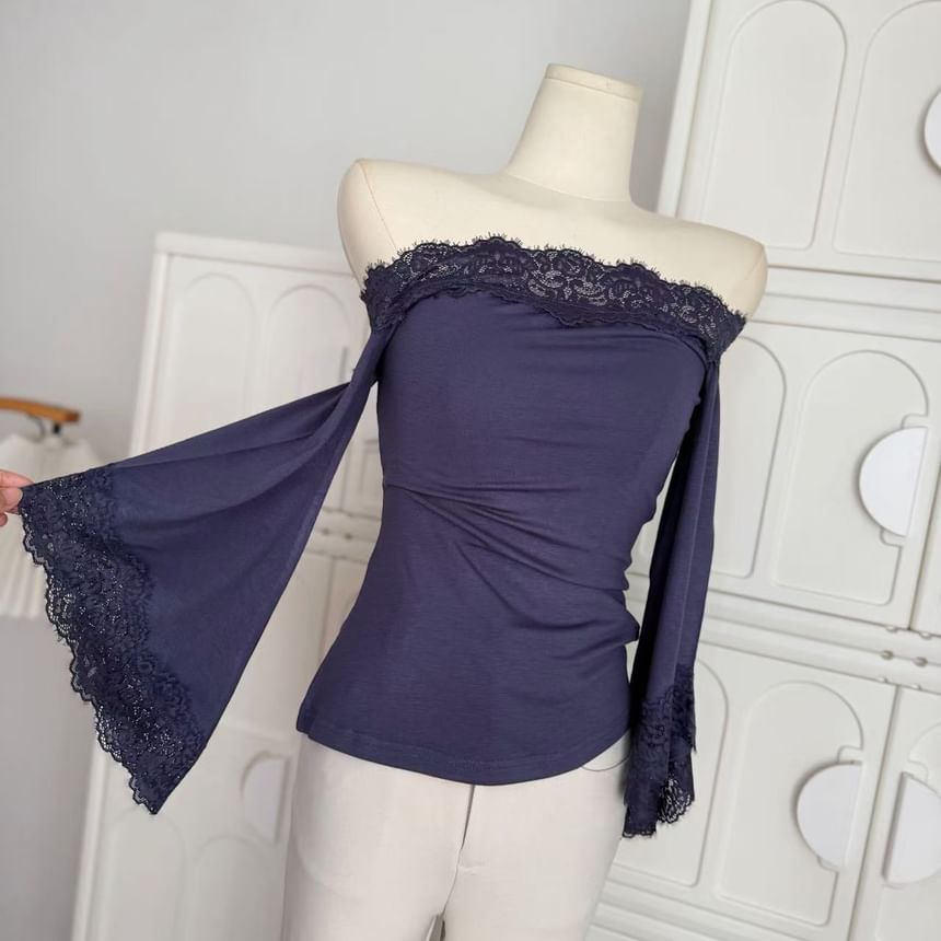 Bell Sleeve Off-Shoulder Lace Trim Slim Top